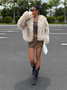 SHEIN EZwear Damen Jacke aus Wollmischung mit Kunstfell-Kragen für Herbst/Winter