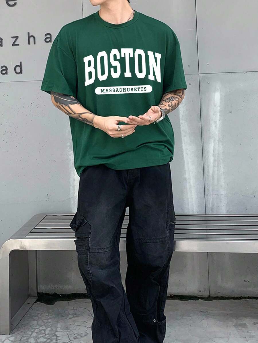 Manfinity Dauomo 男款字母印花圓領t卹 - 墨綠色 - 查看 1