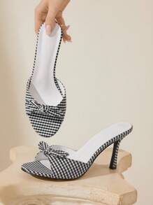 CUCCOO CHICEST Giày cao gót hở mũi thanh lịch màu đen và trắng trang trí nơ cho phụ nữ mùa hè, dễ thương và quyến rũ - Đen và trắng - Xem 6