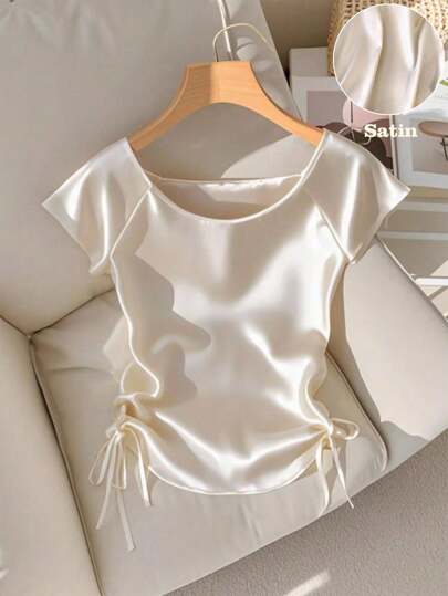 Franclia 女式优雅圆领插肩短袖弹力缎面抽绳下摆衬衫，春夏