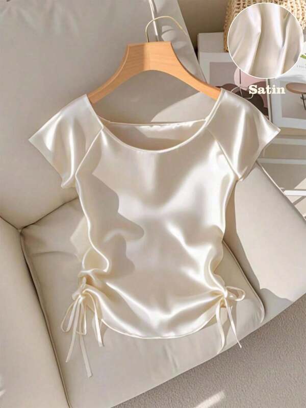 Franclia 女式优雅圆领插肩短袖弹力缎面抽绳下摆衬衫，春夏