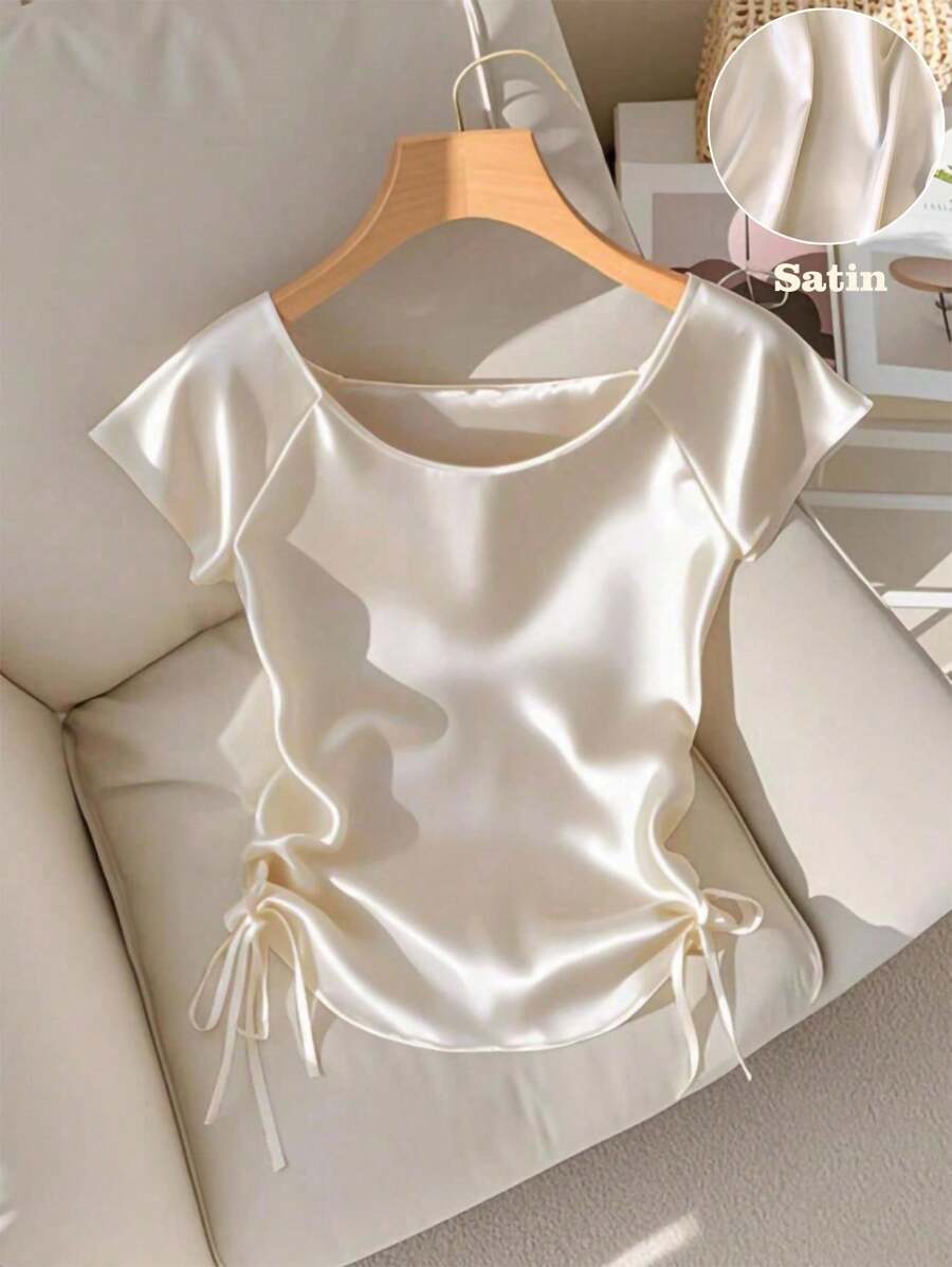 Franclia 女式优雅圆领插肩短袖弹力缎面抽绳下摆衬衫，春夏 - 杏色 - 查看 1