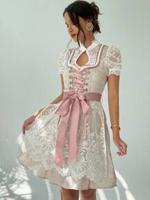 Aloruh 全新慕尼黑啤酒节紧身连衣裙，拼色巴伐利亚印花围裙领带服装连衣裙 - 香檳色 - 查看 5