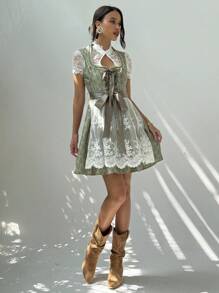 Aloruh 女士优雅慕尼黑啤酒节蕾丝边方领交叉系带可拆卸蕾丝围裙 A 字迷你连衣裙 - 綠色 - 查看 5