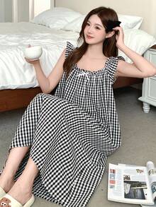 DAZY Sweet Contrast Color Bow Decor A-Line Sleeveless Ruffle Hem Women Nightgown Pajama