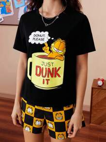 GARFIELD | SHEIN Women's Cute Casual Versatile Cool Street Cartoon Cat Print Black T-Shirt & Shorts Set, Back To School Clothes, Summer & Fall - Black - View 3