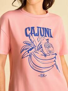 CAJUNI 女式粉色鹦鹉字母印花休闲宽松T恤，夏季基本款上衣/秋季服装 - 棕色 - 查看 3