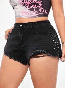 Rina Fox Plus Size Women's Edgy Street Style Chic Black Non-Stretch Denim Shorts - Black - View 5