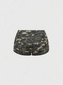 ROMWE Grunge Punk Y2K Sexy Ultra Low Waist Camouflage Denim Super Short Shorts With Lace-Up Design - Multicolor - View 2