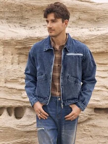 Manfinity Homme Casual Men's Zip-Up Denim Jacket, Streetwear Style Washed Outerwear - Blue - View 7