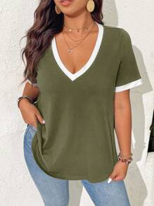 SHEIN Frenchy Áo thun nữ cổ chữ V tay ngắn màu tương phản cỡ lớn, thường ngày đa năng, mùa hè - xanh quân đội - Xem 3