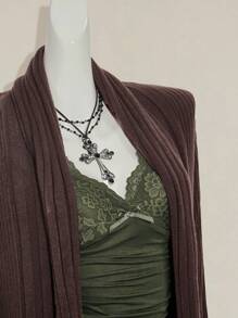 SHEIN ICON 女式 Y2k 哥特秋季波西米亚西部外出复古棕色毛衣休闲纯色不对称下摆开衫