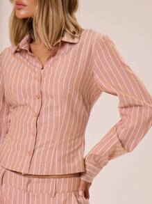 MUSERA 修身长袖衬衫，纽扣式设计，细条纹，商务休闲，适合秋冬春夏假日穿着。 - 棕色 - 查看 3