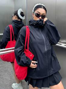 SHEIN EZwear 織織凈色高領連帽衝鋒夾克外套 - 黑色 - 查看 3