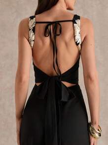 Glamine 女士黑色刺绣优雅性感无袖方领弹力长款连体裤 - 黑色 - 查看 4