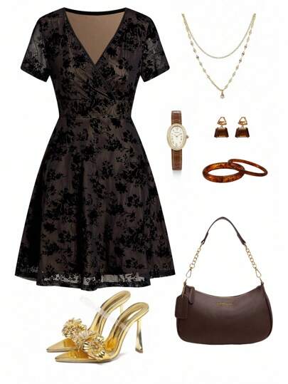 Ellevyn Women's Floral Flocked V-Neck Short Sleeve Elegant Waist Cinched Dress,Fall Outfits Women, Elegant Dresses For Women , Vintage