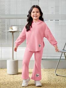 SHEIN Bộ 2 áo hoodie và quần nỉ có viền bất đối xứng cho bé gái - Xám - Xem 6