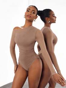 Cheerfulab Asymmetrical Keyhole Off-Shoulder Sheer Mesh Bodysuit Women Vacation Spring & Summer Beach - Khaki - View 3