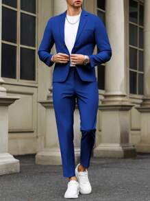 Manfinity Mode Men's Solid Color Blazer And Pants Formal Suit Set Men Suits Slim Fit Men Blazer And Pants Two Pieces Men Set Blue, Old Money Style, Ceremony - Royal Blue - View 5