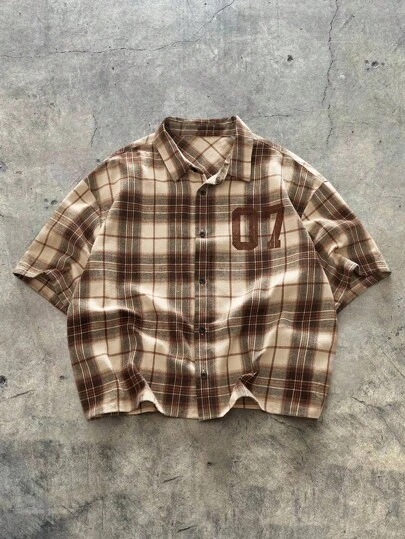 AXEPEAK Plus Size Men's Summer Numeric Plaid Short Sleeve Single-Breasted Casual Shirt