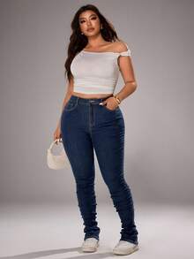 SHEIN ICON Plus Size Casual Vacation Washed Denim Jeans - Dusty Blue - View 6