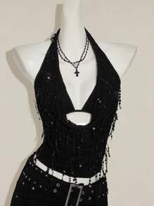 SHEIN ICON Women's Black Fringe Sequin Sheer Mesh Draped Neck Backless Crop Top Two Pieces Set Black Sequin Top - Black - View 9