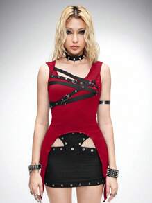 ROMWE Grunge Punk Asymmetric Hem Black Punk Functional Knit Top For Women - Burgundy - View 5