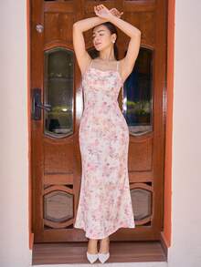 Andrea Bello Pink Dress,Summer Women Dresses,Sundress,Women's Elegant Floral Print Maxi Slip Dress - Apricot - View 4