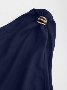 SHEIN Unity 金属装饰褶饰紧身衣，休闲百搭，春夏 - 藏蓝色 - 查看 4
