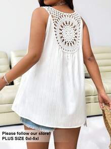 Solflare Plus Size White Embroidered Floral Back See-Through Tank Top - White - View 1