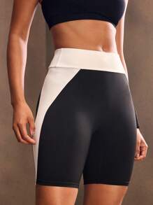 Powerista 撞色拼布高腰无缝运动短裤 - 黑與白 - 查看 4