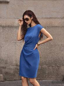 SHEIN Frenchy 女士圆领短袖腰部褶皱牛仔连衣裙 - 藍色 - 查看 3