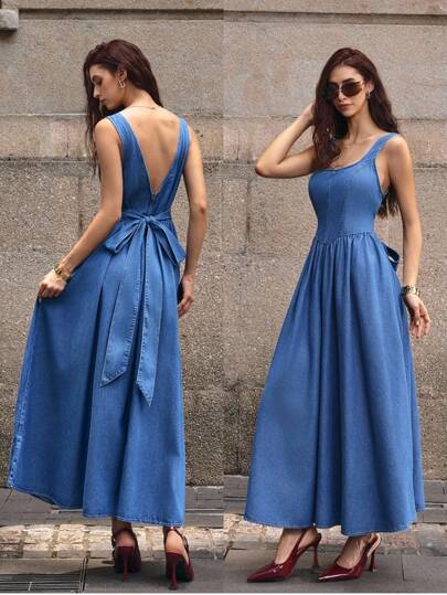 Selenza 女式露背领结无袖长款牛仔连衣裙