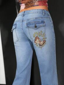 Jeanoix Y2K Butterfly Embroidered Low Stretch Washed Denim Flare Pants - Light Wash - View 3