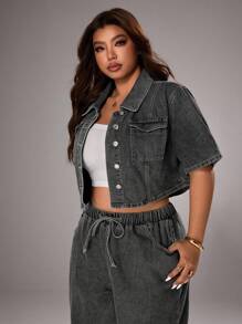 SHEIN EZwear 大码时尚深色洗水牛仔裤 - 灰色 - 查看 5