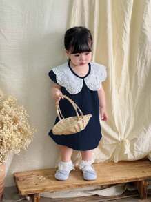 SHEIN 女婴节日装圣诞节休闲装夏季灰蓝色娃娃领连衣裙 - 藏蓝色 - 查看 5