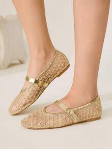 CUCCOO CHICEST 女士网眼圆头平底优雅休闲棕色网眼玛丽珍平底鞋，适合喝茶、约会、休闲装、校园风格、舞会 - 金色 - 查看 6