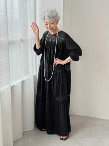 FRIFUL Damen Schwarzes Kleid mit rundem Ausschnitt, Dropped Shoulder und Langarm, Transparente Patchwork-Optik, geeignet für Urlaub, Flughafen, Reisen - Schwarz - Übersicht 5