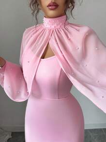 Elenzga New Elegant Mature Charm Evening Gown, Dignified & Gentle, Dreamy Pink, Hand-Beaded Long Sleeve Top, Graceful Mermaid Hem Bodycon Slip Dress Set Fall Cloth For Women - Pink - View 3