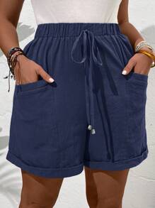 SHEIN Tall CURVE 女士加大码时尚休闲宽松短裤，带口袋设计，女士亚麻短裤，海军蓝短裤，休闲短裤，带口袋，亚麻抽绳短裤 - 藏蓝色 - 查看 3