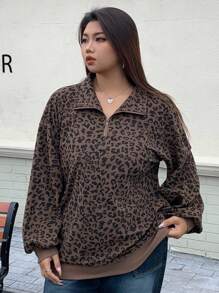 Dazy Plus Plus Size Women Zip-Up Leopard Print Long Sleeve Pullover Hoodie, Street Style Sweatshirt Fall/Winter