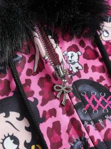 Betty Boop | ROMWE Áo hoodie nữ cổ điển họa tiết da báo đính đá Y2K có khóa kéo - Hồng - Xem 3