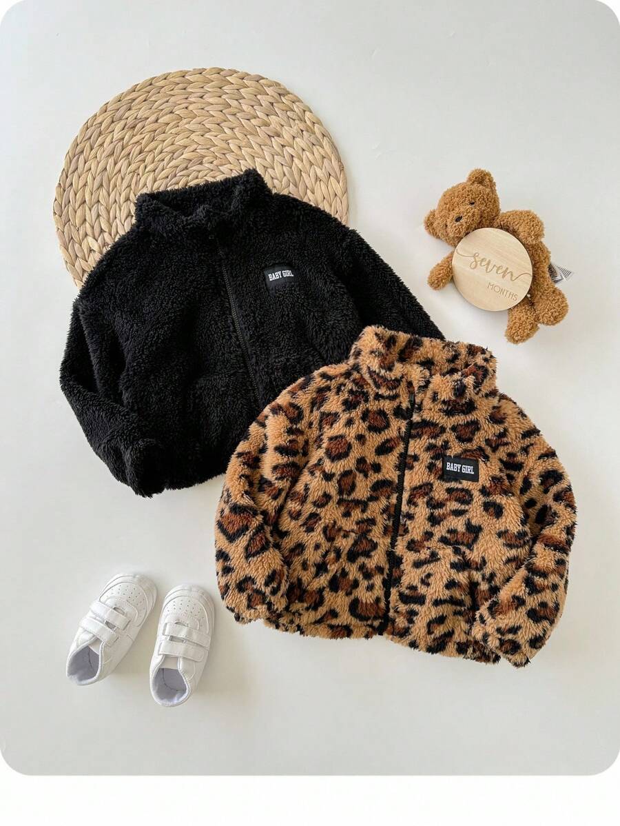 SHEIN 2 件 Babygirl 休闲蓬松豹纹立领夹克，秋冬