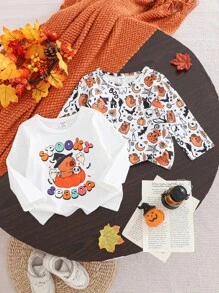 SHEIN 2 Stücke Halloween-Motiv Rundhals Langarm Oberteile für Baby Jungen, Herbst - Verschiedenfarbig - Übersicht 7