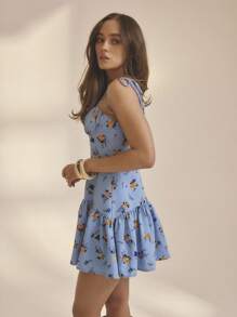 Aralina 女士花朵系带肩部荷叶边迷你连衣裙，完美搭配夏秋外出装、乡村音乐会装和斯德哥尔摩风格 - 藍色 - 查看 7