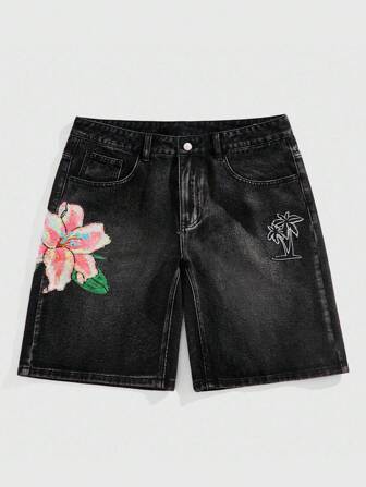 Street Life Short en jean d'été décontracté pour homme, avec motif floral à paillettes et palmier, style mode de rue