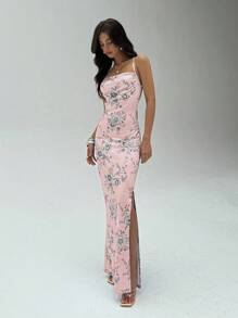 Aloruh 女式优雅性感V领露背蕾丝拼布花卉印花修身长裙 - 淺粉色 - 查看 3