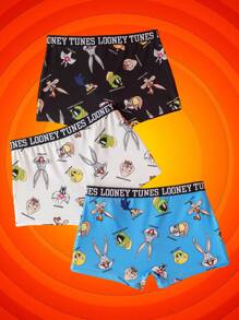 LOONEY TUNES X SHEIN 男士三件套卡通字母印花平角内裤 - 黑與白 - 查看 2