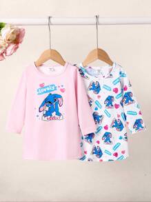 SHEIN 2pcs Baby Girl Cute Blue Rabbit Print Round Neck Long Sleeve Casual Dress, Suitable For Everyday Wear, Spring/Autumn - Multicolor - View 3