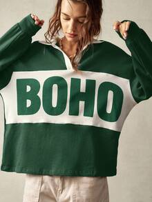 Bohemela 女士休闲运动针织拼布领长袖宽松常规卫衣波西米亚风衬衫波西米亚风上衣女士卫衣秋冬绿色卫衣 - 彩色 - 查看 1